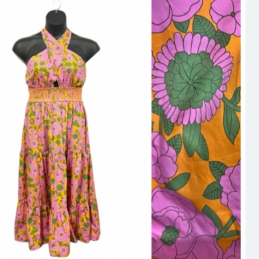NEW Flora Bea Orange Pink Frasier Fairview Road Floral Halter Midi Dress Size S